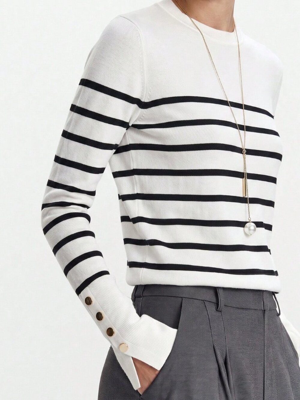 Black And White Casual Women's Geometric Slim Fit Round Neck Pullovers